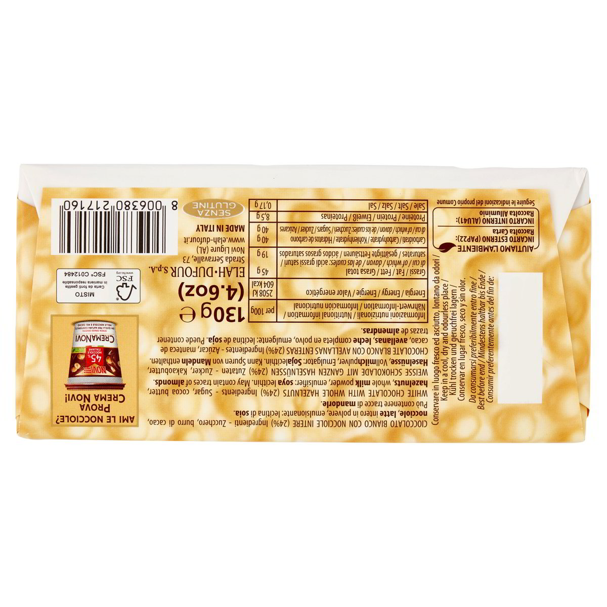 Novi Nocciolato weisse Schokolade mit Haselnüssen 130 g – Verpackungsrückseite mit Zutaten und Nährwerten