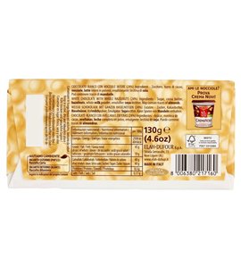 Novi Nocciolato weisse Schokolade mit Haselnüssen 130 g – Verpackungsrückseite mit Zutaten und Nährwerten