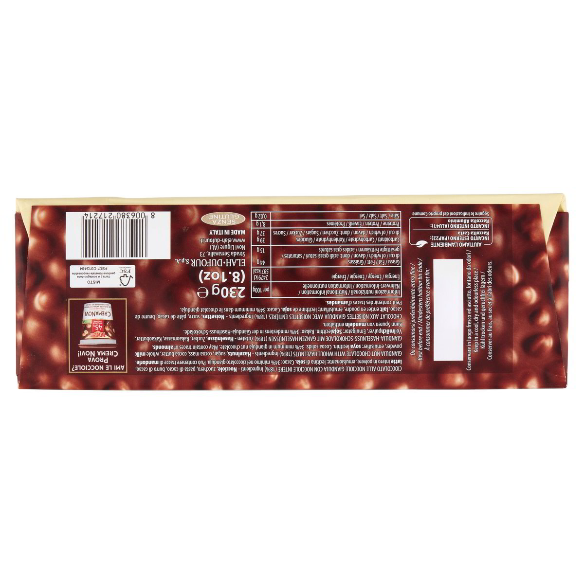 Novi Nocciolato Gianduja mit Haselnüssen 230 g – Verpackungsrückseite mit Zutaten und Nährwerten