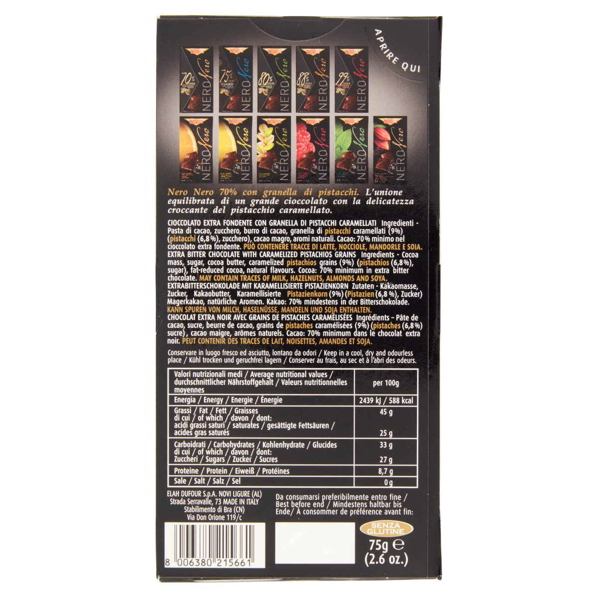 Novi Nero Nero 70% mit Pistazien 75 g – Verpackungsrückseite mit Zutaten und Nährwerten