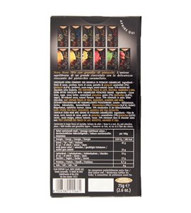 Novi Nero Nero 70% mit Pistazien 75 g – Verpackungsrückseite mit Zutaten und Nährwerten