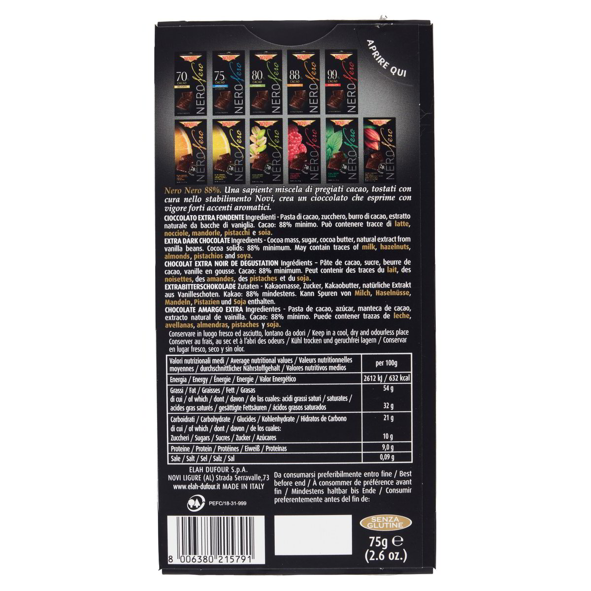 Novi Nero Nero dunkle Schokolade 88% 75 g – Verpackungsrückseite mit Zutaten und Nährwerten