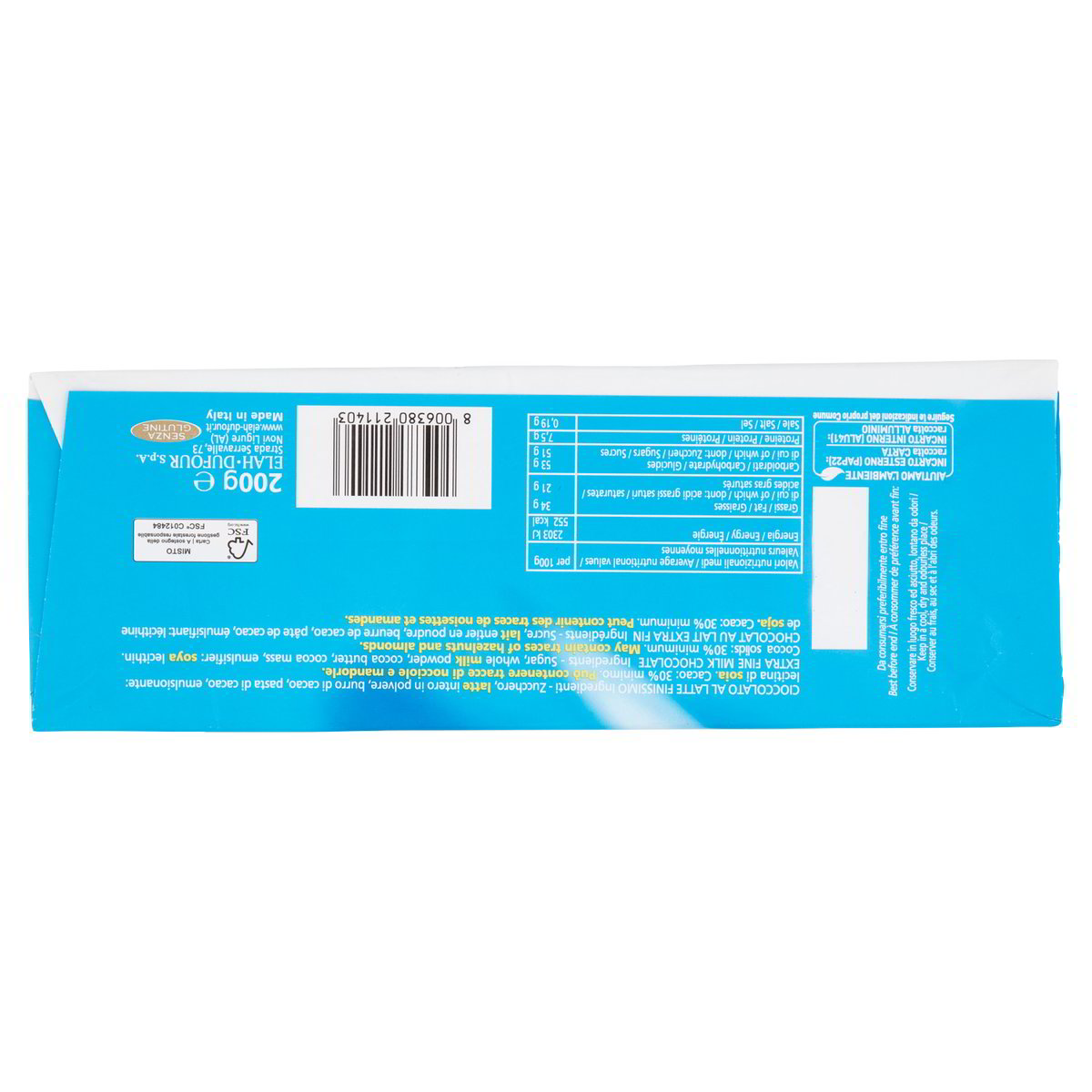 Novi klassische Milchschokolade 200 g – Verpackungsrückseite mit Zutaten und Nährwerten