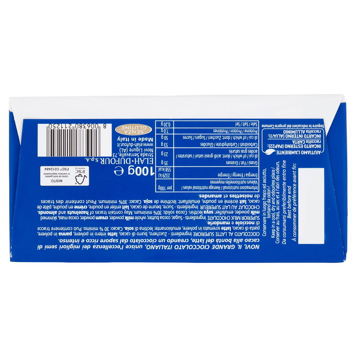 Dos de l’emballage de chocolat au lait Novi Latte Intenso 100 g avec ingrédients et valeurs nutritionnelles