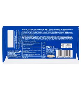 Dos de l’emballage de chocolat au lait Novi Latte Intenso 100 g avec ingrédients et valeurs nutritionnelles