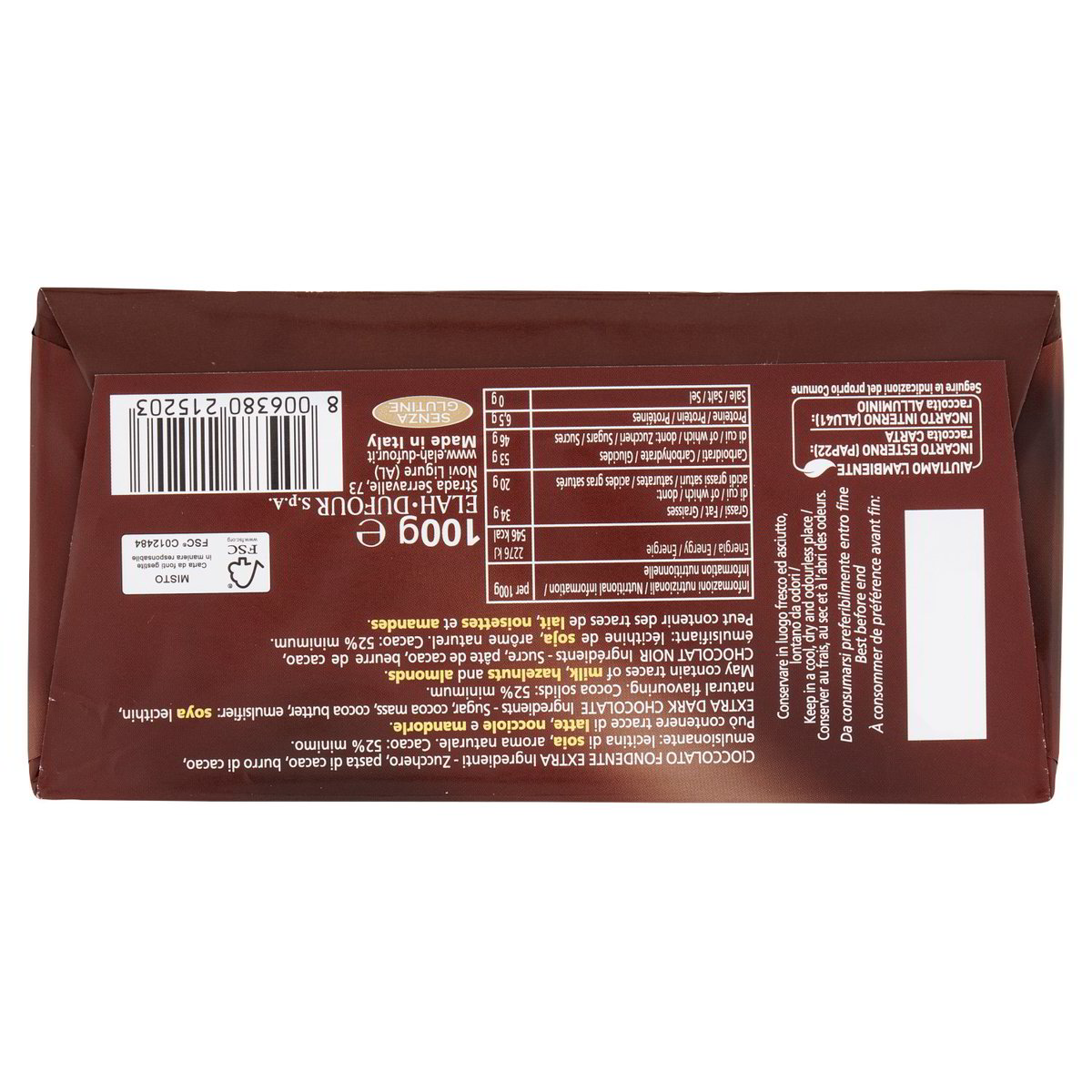 Novi Fondente Extra dunkle Schokolade 52% 100 g, Rückseite mit Zutaten und Nährwerten