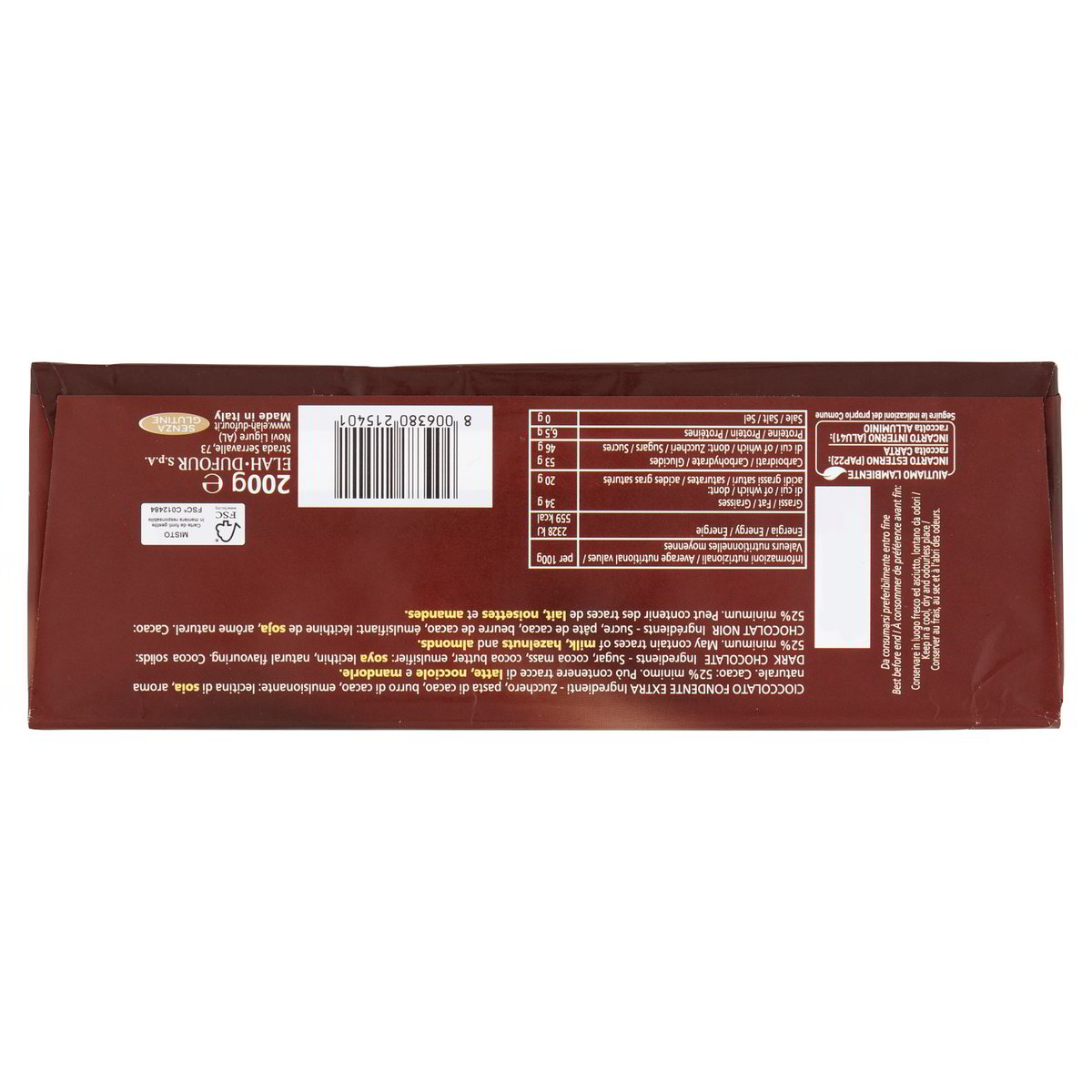 Novi dunkle Schokolade Extra 52% 200 g – Verpackungsrückseite mit Zutaten und Nährwerten