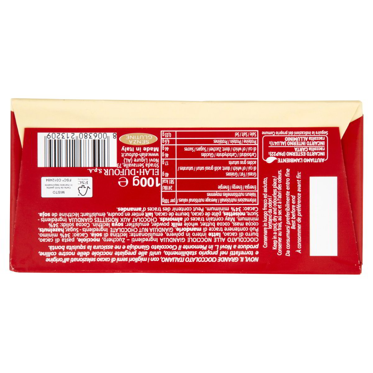 Novi Gianduja Haselnussschokolade 100 g, Rückseite mit Zutaten und Nährwerten