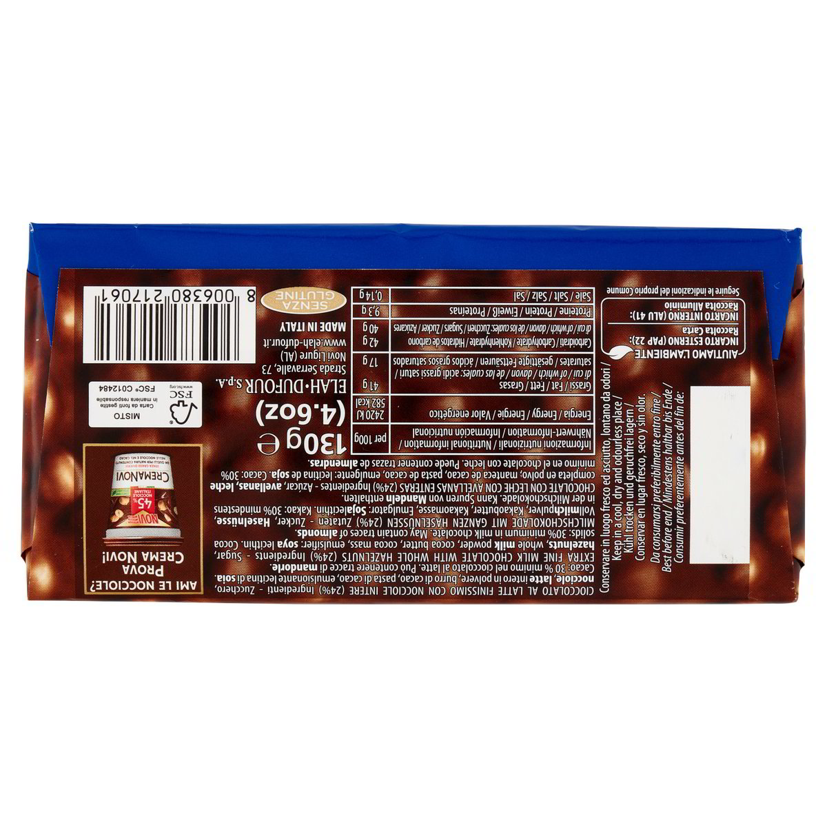 Novi Nocciolato Milchschokolade mit Haselnüssen 130 g – Verpackungsrückseite mit Zutaten und Nährwerten