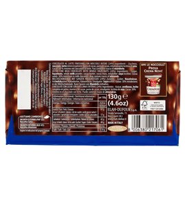 Novi Nocciolato Milchschokolade mit Haselnüssen 130 g – Verpackungsrückseite mit Zutaten und Nährwerten