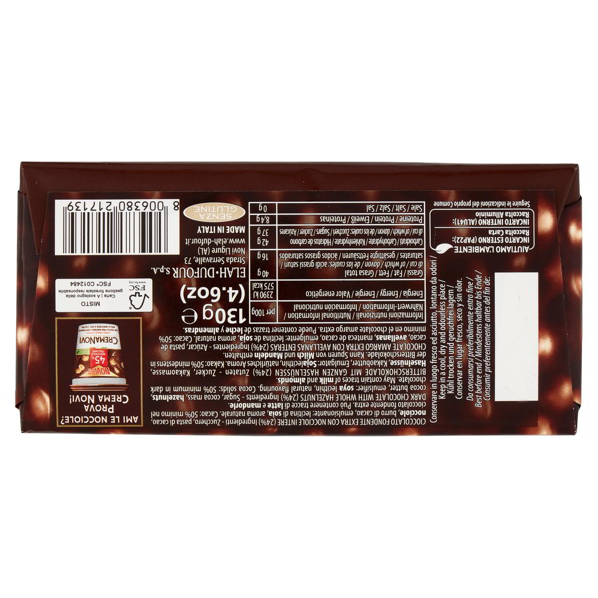 Novi Nocciolato dunkle Schokolade mit Haselnüssen 130 g – Verpackungsrückseite mit Zutaten und Nährwerten