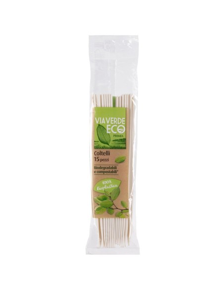 Coltelli biodegradabili e compostabili Via Verde Eco, confezione da 15 pezzi, fronte