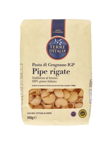 Pipe rigate Pasta di Gragnano IGP Terre d'Italia, confezione da 500 g, fronte