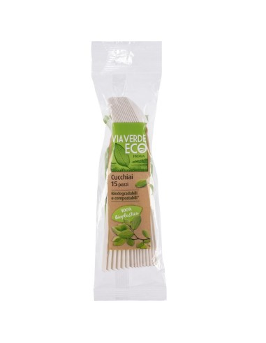 Cuillères biodégradables et compostables Via Verde Eco 15 pièces, face avant de l'emballage