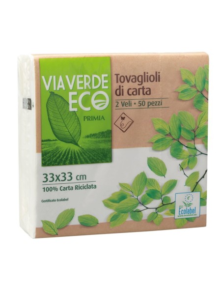 Tovaglioli di carta Via Verde Eco Primia 2 veli 50 pezzi 33 x 33 cm, fronte confezione