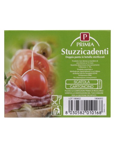 Rückseite der Primia Zahnstocher-Schachtel mit Hinweisen und Strichcode