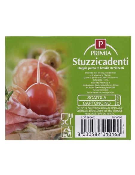 Rückseite der Primia Zahnstocher-Schachtel mit Hinweisen und Strichcode