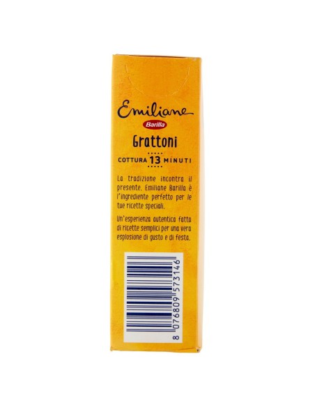 Pasta all'uovo Grattoni 275 g Barilla Emiliane, lato con codice a barre e modo d'uso
