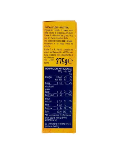 Pasta all'uovo Grattoni 275 g Barilla Emiliane, lato con ingredienti, valori nutrizionali, produttore e conservazione