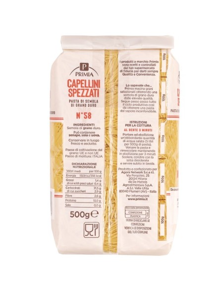 Capellini spezzati n. 58 500 g Primia, retro con ingredienti, valori nutrizionali, produttore, modo d'uso e conservazione