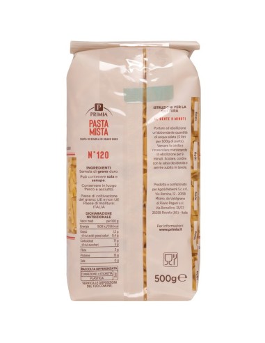 Pasta Mista 500 g Primia, retro con ingredienti, valori nutrizionali, produttore, modo d'uso e conservazione