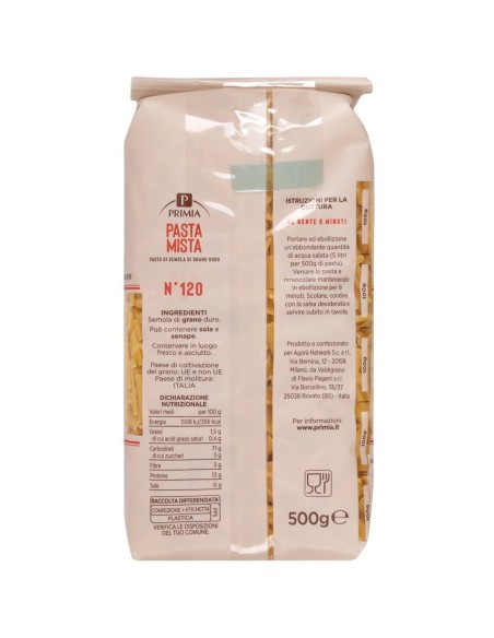 Pasta Mista 500 g Primia, retro con ingredienti, valori nutrizionali, produttore, modo d'uso e conservazione