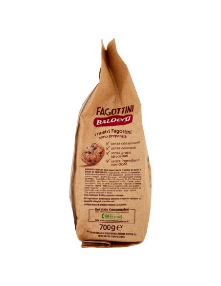 Biscotti Fagottini con Cornflakes e Gocce di Cioccolato 700 g Balocco, lato con ingredienti, conservazione e avvertenze