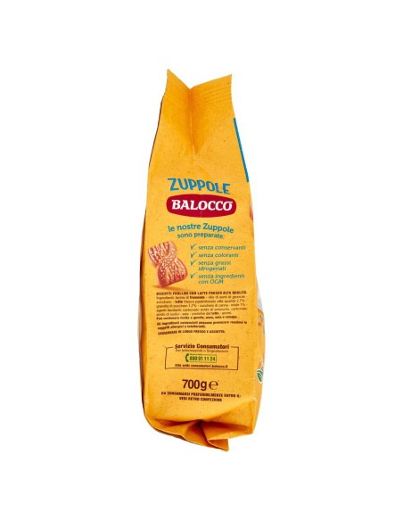Biscotti Zuppole con Granella di Zucchero 700 g Balocco, lato con ingredienti, conservazione e avvertenze