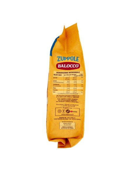 Biscotti Zuppole con Granella di Zucchero 700 g Balocco, lato con valori nutrizionali e produttore