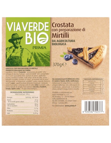 Crostata con Preparazione di Mirtilli Bio 370 g Bio Primia, retro con ingredienti, valori nutrizionali, produttore, codice a bar