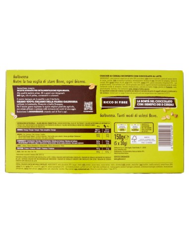 Cracker Ricoperti con Riso Soffiato e Cioccolato al Latte 150 g Galbusera, retro con ingredienti, valori nutrizionali, produttor