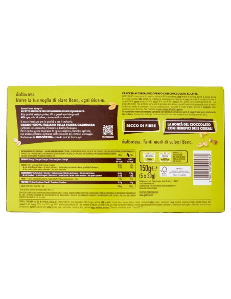 Cracker Ricoperti con Riso Soffiato e Cioccolato al Latte 150 g Galbusera, retro con ingredienti, valori nutrizionali, produttor