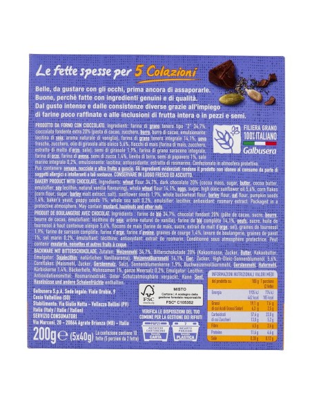5 colazioni fette al cioccolato 200 g Galbusera Belle Buone, retro con ingredienti, valori nutrizionali, produttore, conservazio