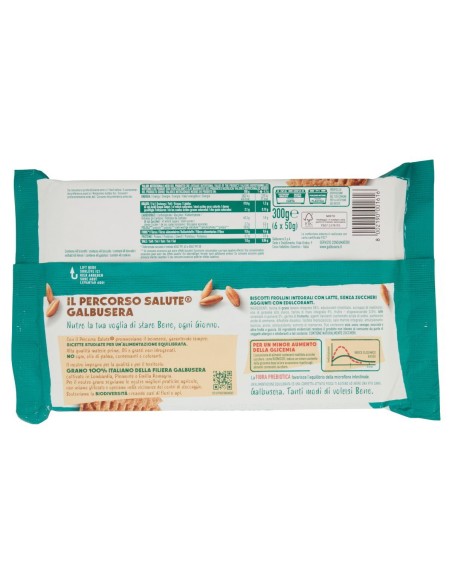 Frollini integrali con latte senza zuccheri aggiunti 300 g Galbusera Buonicosì, retro con ingredienti, valori nutrizionali, prod