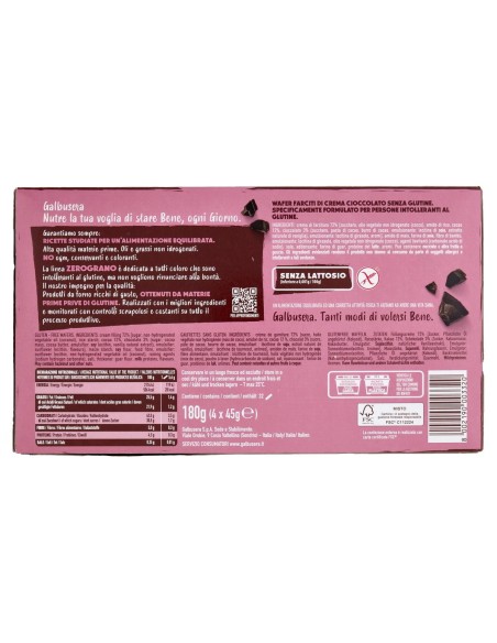 Wafer ZeroGrano al cioccolato senza glutine 180 g Galbusera Zerograno, retro con ingredienti, valori nutrizionali, produttore, c