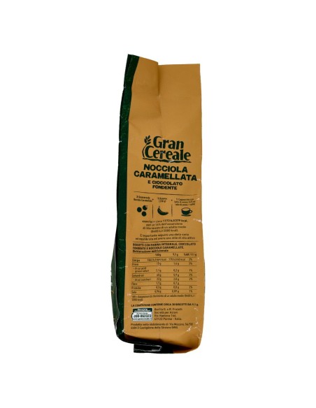 Frollini nocciola caramellata e cioccolato fondente 280 g Gran Cereale, lato con valori nutrizionali e produttore