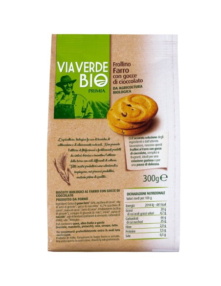 Frollini al farro con gocce di cioccolato bio 300 g Via Verde Bio Primia, Rückseite mit Zutaten, Nährwerte und Aufbewahrung