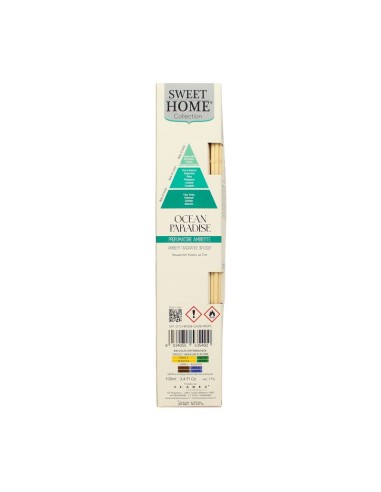 Profumatore ambiente con bastoncini Ocean Paradise 100 ml Sweet Home, retro con avvertenze, produttore e codice a barre