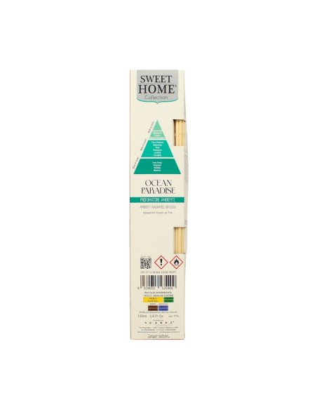 Profumatore ambiente con bastoncini Ocean Paradise 100 ml Sweet Home, retro con avvertenze, produttore e codice a barre