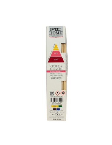 Profumatore ambiente con bastoncini Orchidea e vaniglia 100 ml Sweet Home, retro con avvertenze, produttore e codice a barre