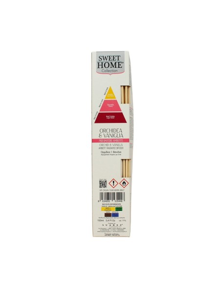 Profumatore ambiente con bastoncini Orchidea e vaniglia 100 ml Sweet Home, retro con avvertenze, produttore e codice a barre