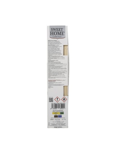 Profumatore ambiente con bastoncini Sandalo 100 ml Sweet Home, retro con avvertenze, produttore e codice a barre