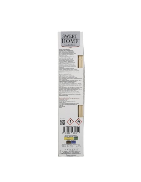 Profumatore ambiente con bastoncini Sandalo 100 ml Sweet Home, retro con avvertenze, produttore e codice a barre