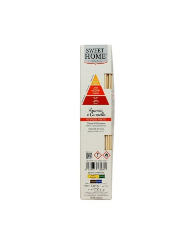 Profumatore ambiente con bastoncini Arancia e cannella 100 ml Sweet Home, retro con avvertenze, produttore e codice a barre