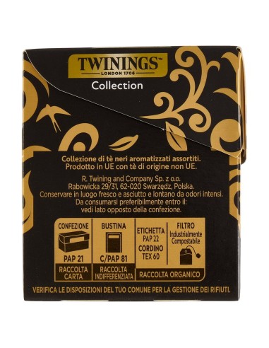 Tè nero aromatizzato Collection 20 filtri Twinings, lato con produttore e conservazione