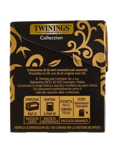Tè nero aromatizzato Collection 20 filtri Twinings, lato con produttore e conservazione