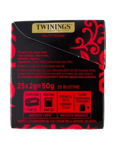 Tè nero ai frutti rossi 25 filtri Twinings, retro con ingredienti, produttore e conservazione