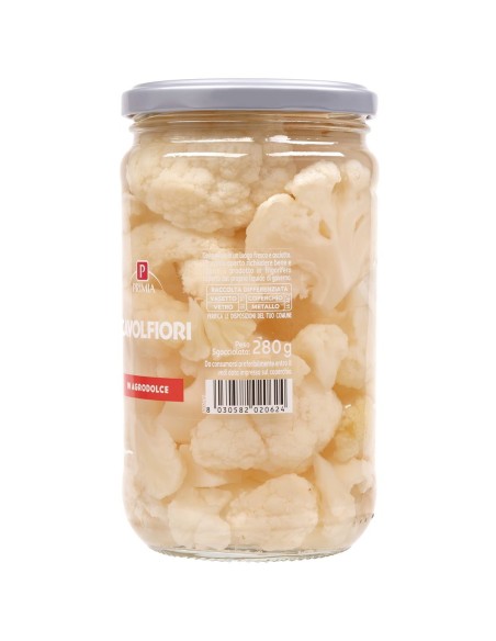 Cavolfiori in agrodolce 565 g Primia, retro con conservazione e codice a barre