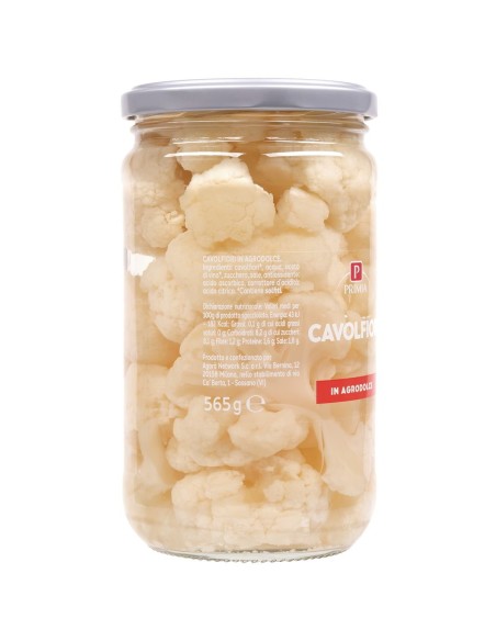 Cavolfiori in agrodolce 565 g Primia, lato con ingredienti, valori nutrizionali e produttore