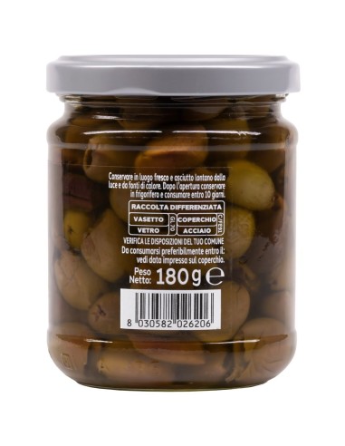Olive denocciolate in olio extra vergine di oliva 180 g Primia, retro con conservazione e codice a barre